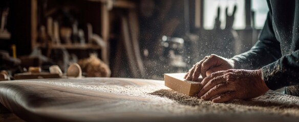 The Woodworker's Hands Smoothing a Wooden Board on a Dusty Workbench