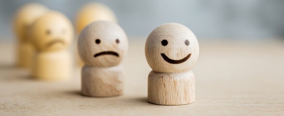 The wooden smiley face figure standing in front of blurred sad figures