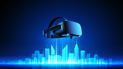 Virtual reality headset hovering over glowing blue futuristic cityscape goggles