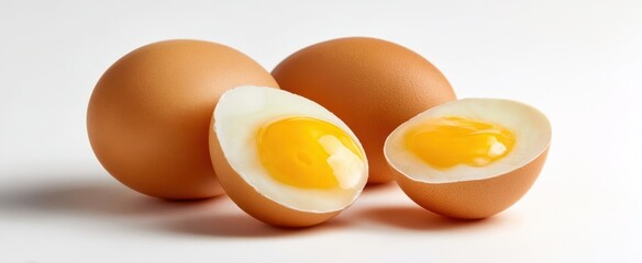 The Eggs Closeup of Brown Whole and Soft Boiled Halves on White Background