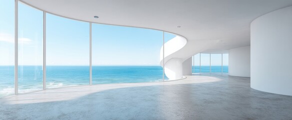 The Oceanfront Interior With Floor-to-Ceiling Windows And Curved Staircase Overlooking Blue Sea
