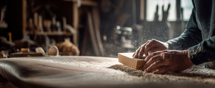 The Woodworker's Hands Smoothing a Wooden Board on a Dusty Workbench - Powered by Adobe