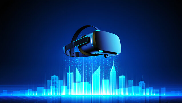 Virtual reality headset hovering over glowing blue futuristic cityscape goggles - Powered by Adobe