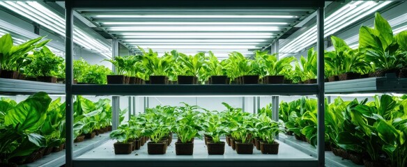 The Indoor Plant Nursery with LED Lights and Lush Potted Green Foliage on Racks
