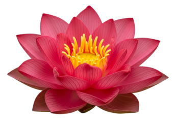 A vibrant crimson lotus flower, with intricate details and a radiant yellow center, blooms beautifully against a dark backdrop.