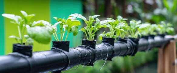 The Hydroponic Pipe Planter Lined With Young Green Seedlings For Urban Gardening