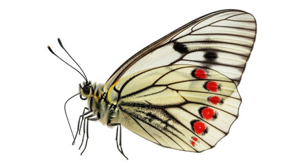 Delicate white butterfly with red spots isolated PNG, beautiful insect with intricate wing patterns on transparent background © Irina