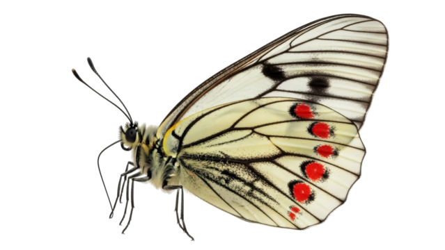 Delicate white butterfly with red spots isolated PNG, beautiful insect with intricate wing patterns on transparent background - Powered by Adobe