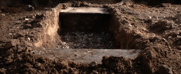 The grave dug into sunlit earth revealing slabs and disturbed soil in foreground