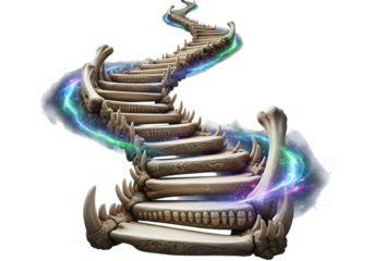 A spiraling stairway of bone, adorned with intricate carvings, ascends into a mystical realm, illuminated by ethereal, multicolored light effects.
