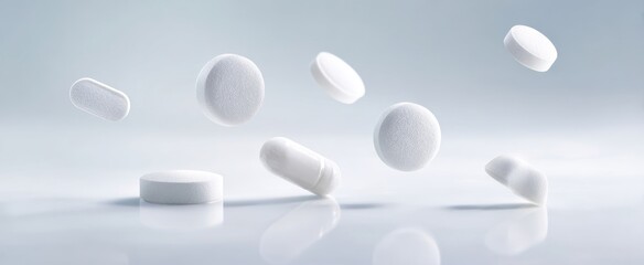The Pills Floating in Minimal White Medical Background with Reflection and Soft Light
