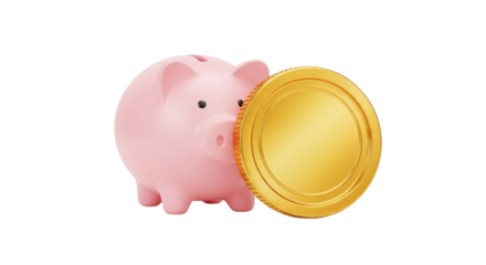 Pink piggy bank with gold coin on white background