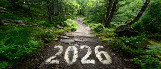 Marked path leading to "2026" in a forest, symbolizing a journey forward and new adventures, serene and inspiring nature scene.
