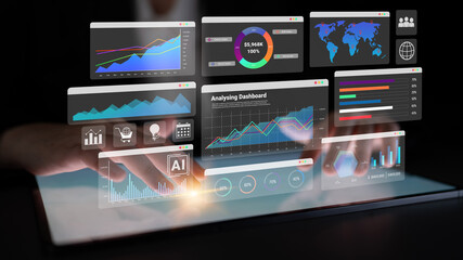 Data dashboards with graphs, charts, maps, and metrics representing global sales analysis and business performance Parse