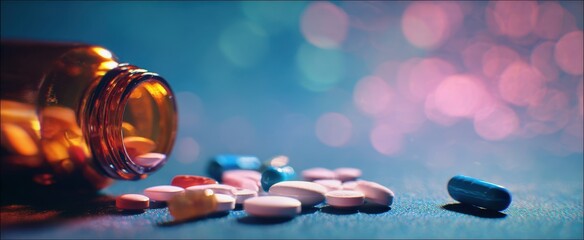 The Pill Bottle and Scattered Colorful Pills on Blue Surface with Bokeh