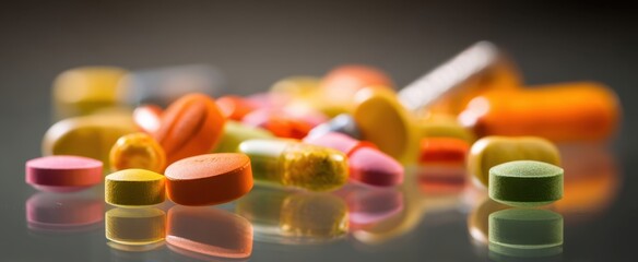 The Pills Colorful Assortment of Tablets and Capsules on Reflective Surface
