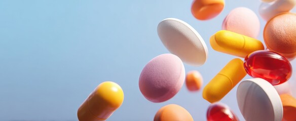 The pills and capsules floating against a soft blue background in motion