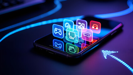 Smartphone displaying glowing app icons with blue light trails and arrow mobile application