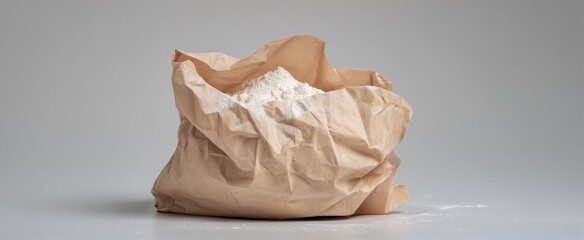 The paper bag of flour sitting on a neutral background with scattered powder