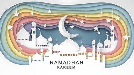 A serene mosque scene with crescent moon and stars, symbolizing a peaceful Ramadan, surrounded by colorful layers
