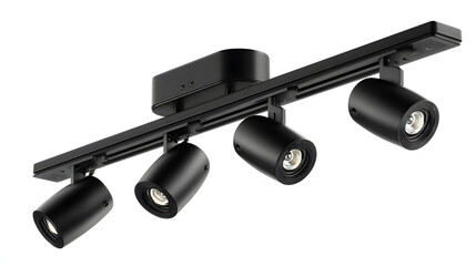 Modern black track lighting fixture, sleek design and realistic details, isolated on white background.