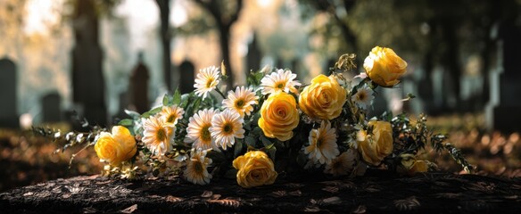 The bouquet of yellow roses and daisies resting on an old tree trunk in autumn