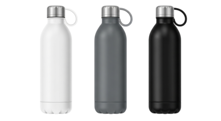 three insulated stainless steel water bottles in white gray and black