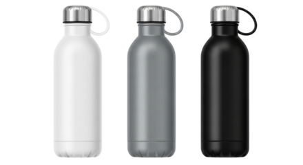 three reusable stainless steel water bottles in white gray and black colors