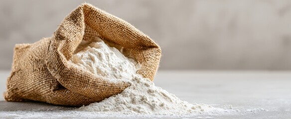 The Flour Filled Burlap Sack Spilling onto a Rustic Wooden Table for Baking