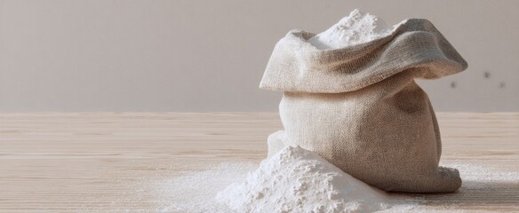 The burlap sack of flour on wooden table with spilling powder