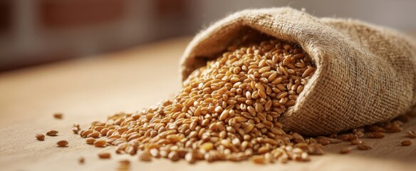 The Wheat Grains Spilling From a Burlap Sack on Rustic Wooden Surface