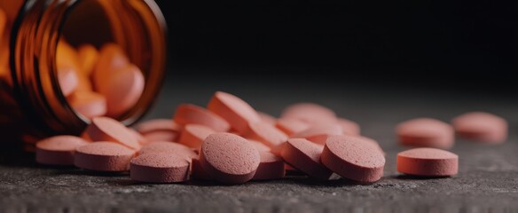 The Pills Spilling From a Brown Medicine Bottle on a Dark Surface