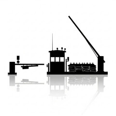Fototapeta premium Black silhouette of a cargo ship with crane and containers with reflection
