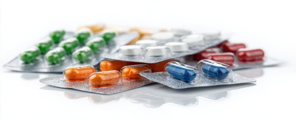 The colorful capsules in blister packs arranged on a white reflective surface