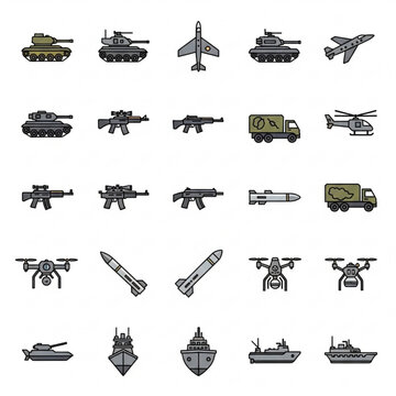 Military vehicles and weapons icons set including tanks, planes, and ships