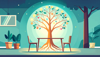 Interior scene with a stylized tree illuminated with string lights above a table and chairs, potted plants nearby