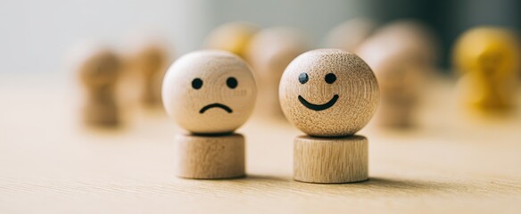 The Wooden Peg Dolls Showing Contrasting Happy and Sad Faces in Shallow Focus