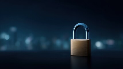 Naklejka premium Close-up of a shiny padlock on a smooth surface with a blurred cityscape background at night, representing security and protection concepts in modern life