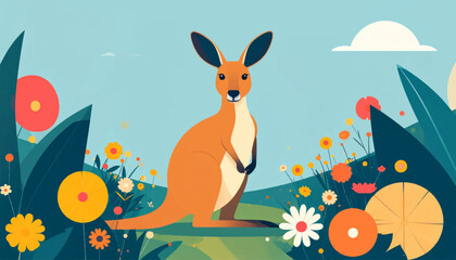 Kangaroo stands in a field of wildflowers with a soft blue sky and stylized vegetation surrounding