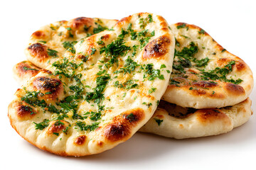 Naan bread topped with parsley and garlic, showcasing soft texture and flatbread cuisine,  isolated on white background.
