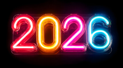 Neon "2026" numbers for New Year&rsquo;s Evening, glowing vibrant style, festive modern design.