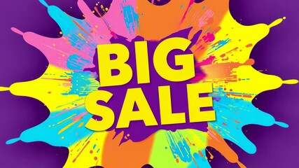 Bold big sale text centered on colorful paint splash background with bright contrasting colors