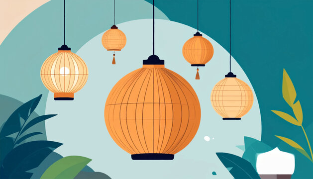 Hanging lamps and foliage art against a muted color-blocked backdrop, evoking a serene and calming atmosphere