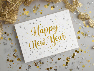Open "Happy New Year" greeting card with gold and silver glitter, surrounded by festive confetti, elegant and celebratory design.
