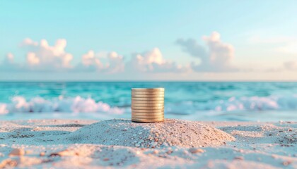 A stack of gold coins on a mound of sand with waves and a blue sky with clouds in the background.