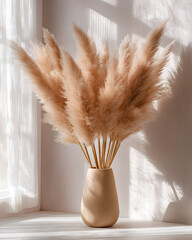Pampas grass plumes arranged in a beige ceramic vase, decorating a modern minimalist home interior with elegant natural texture.
