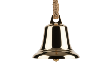 Brass ship bell with rope isolated PNG, nautical instrument for maritime signal and vintage decoration on transparent background
