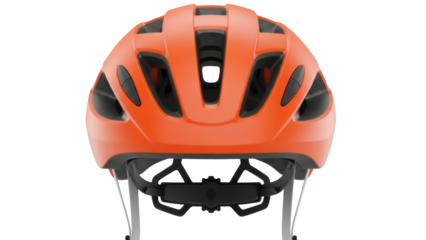 Orange bicycle helmet isolated PNG on transparent background, safety gear for cycling and outdoor sports, protective headwear