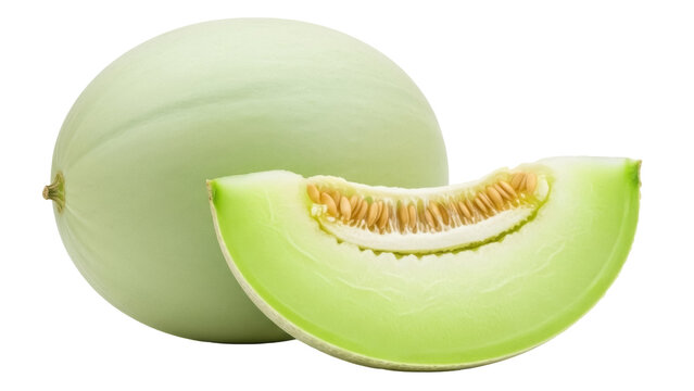 Honeydew melon and slice isolated PNG, fresh green fruit with seeds on transparent background, healthy eating and summer dessert
