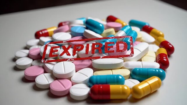 Pile of colorful expired medication pills with an EXPIRED stamp, representing health risks and outdated pharmaceuticals.